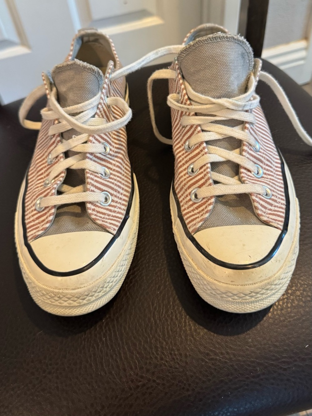 Converse women’s Low Top Canvas Sneakers - khaki and white Stripe, grey tongue